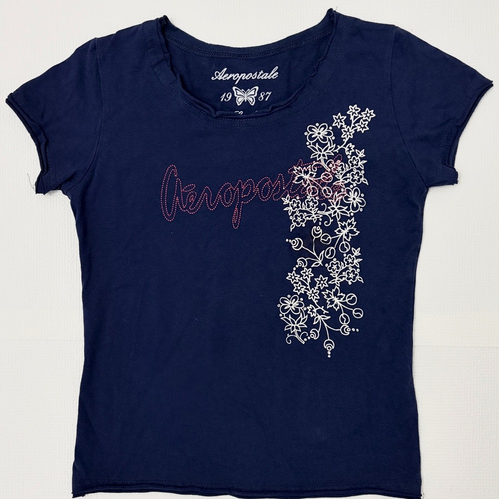 y2k VTG Aeropostale T-Shirt Vintage Floral Graphic Baby Tee Small Navy Blue